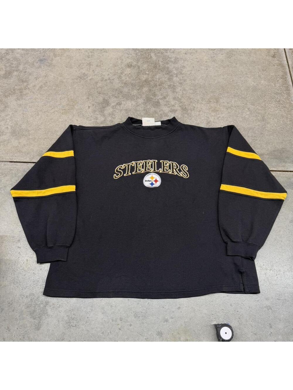 vintage pittsburgh steelers faded black logo athletic spell out crewneck large